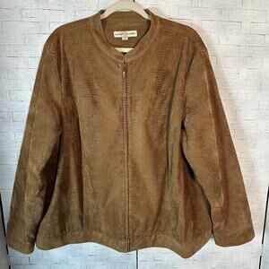 Bamboo traders leather mock neck round collar gator skin brown jacket plus size